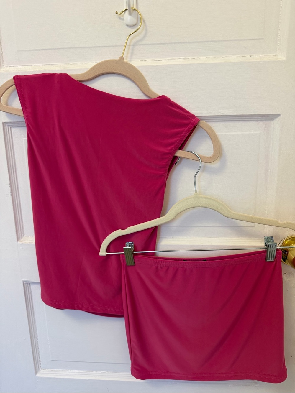 PrettyLittleThing Fuchsia/Hot pink Midi Skirt and open back Top Set.